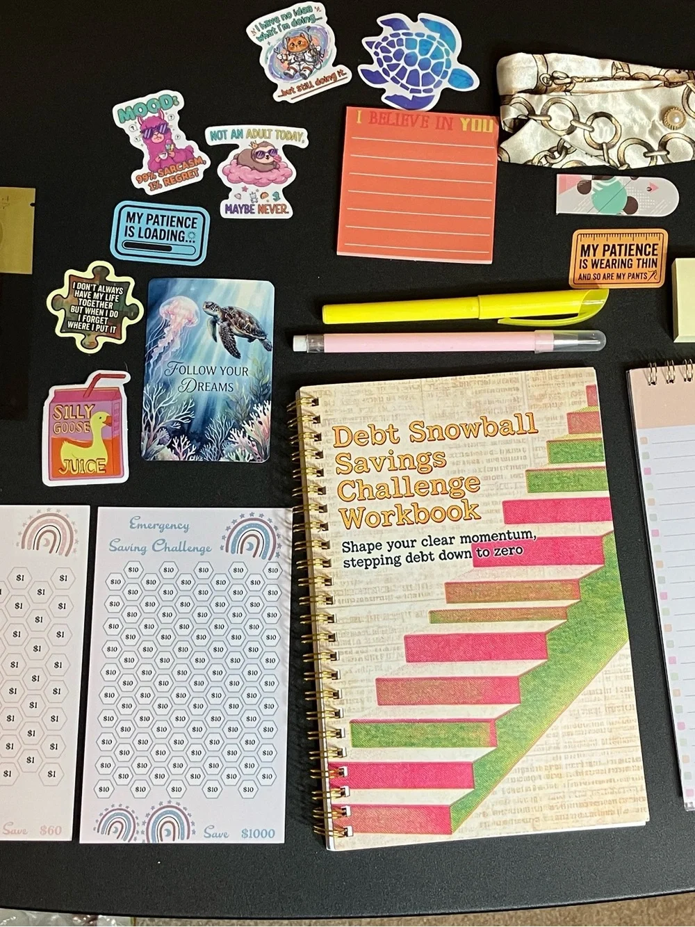 Debt Snowball Savings Challenge Workbook — Pink & Green Spiral Notebook